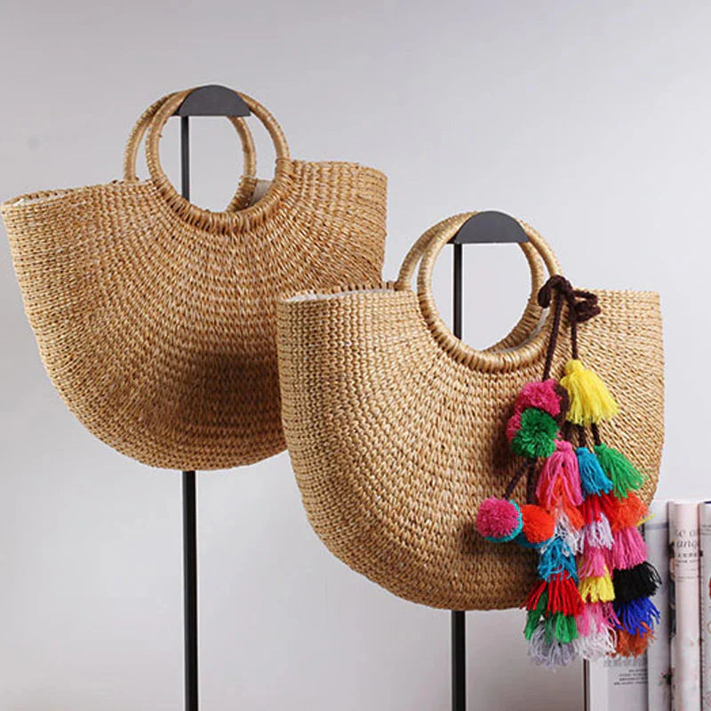 Straw Bucket Tote Bags with Ring Handle - w or w/o Tassels
