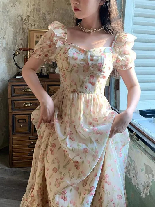 Short Sleeve Floral Print Holiday Korean Female Floral Dress