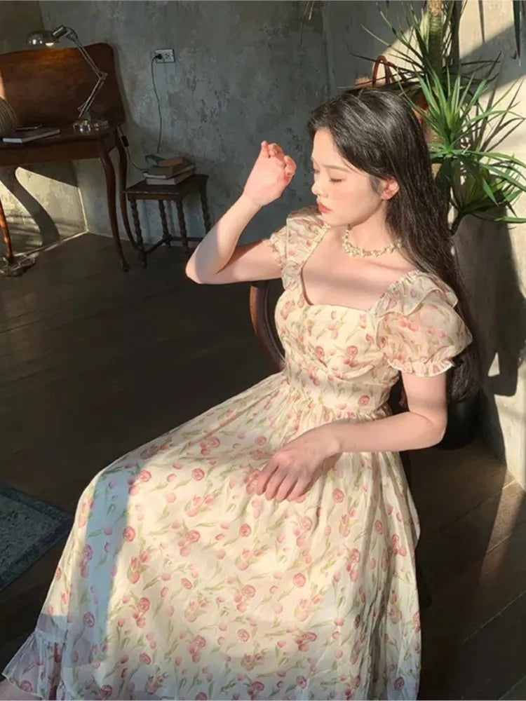 Short Sleeve Floral Print Holiday Korean Female Floral Dress