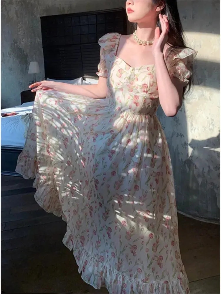 Short Sleeve Floral Print Holiday Korean Female Floral Dress