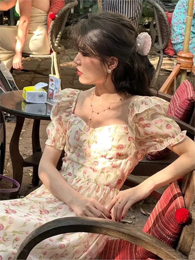 Short Sleeve Floral Print Holiday Korean Female Floral Dress