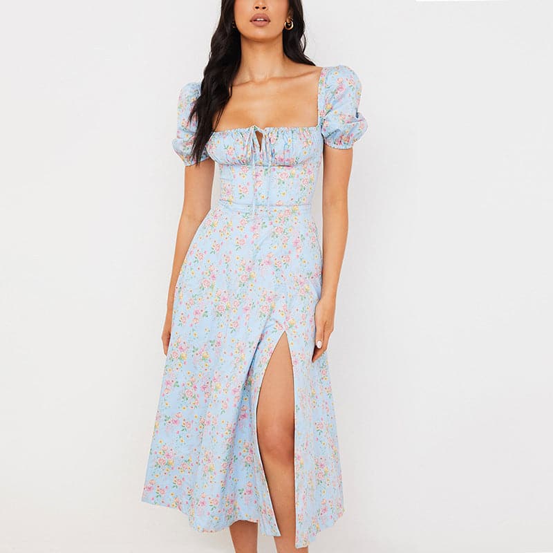 Summer Short Puff Sleeve Flroal Printed Party Dress