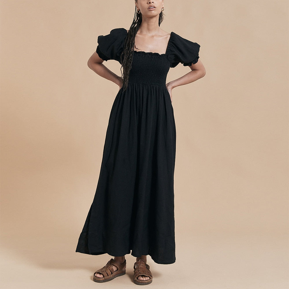 Summer Dresses For  Square Neck Smocked Short Puff Sleeve Vacation Beach Style