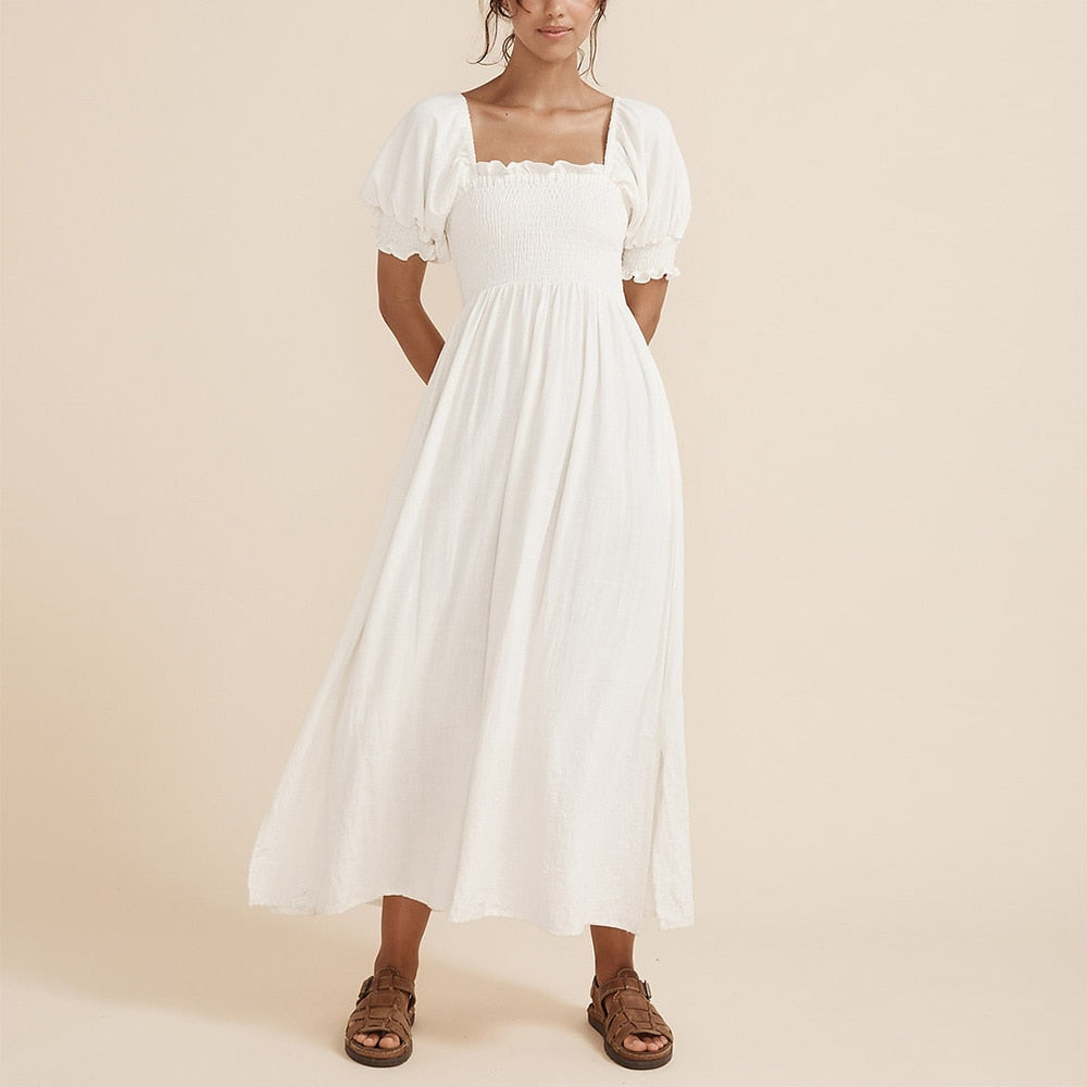 Summer Dresses For  Square Neck Smocked Short Puff Sleeve Vacation Beach Style
