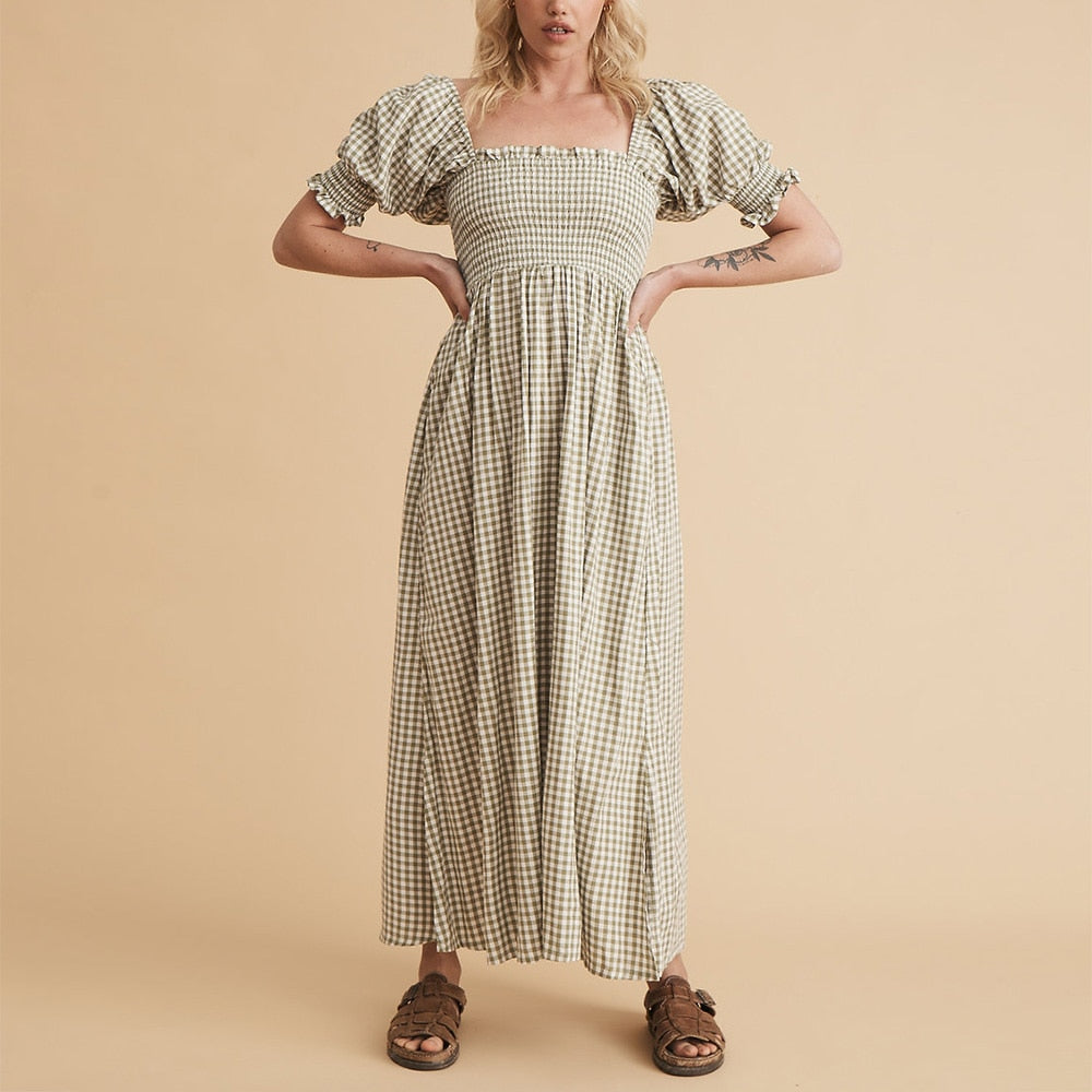 Summer Dresses For  Square Neck Smocked Short Puff Sleeve Vacation Beach Style