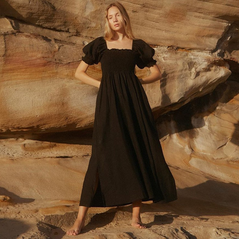 Summer Dresses For  Square Neck Smocked Short Puff Sleeve Vacation Beach Style