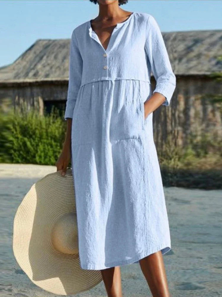 Solid Cotton Linen Half Sleeve Women's Boho Dress