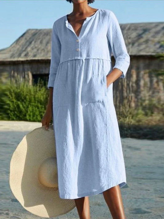 Solid Cotton Linen Half Sleeve Women's Boho Dress