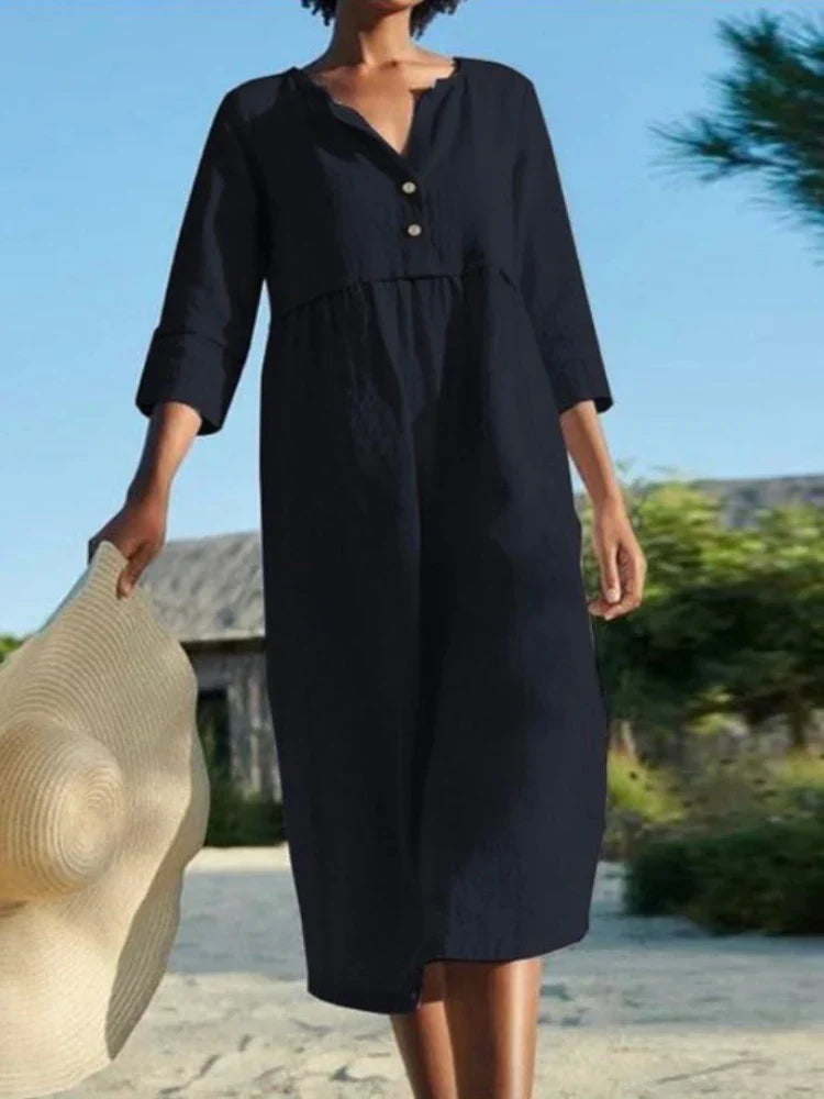 Solid Cotton Linen Half Sleeve Women's Boho Dress
