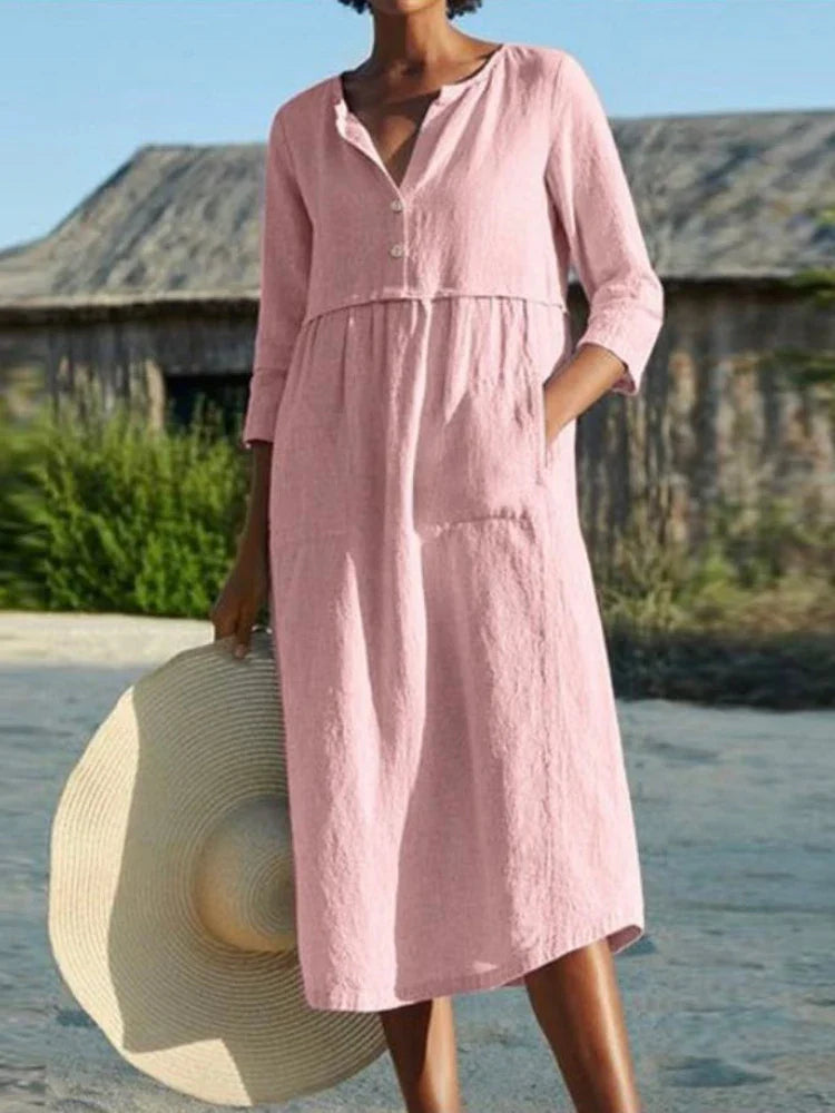 Solid Cotton Linen Half Sleeve Women's Boho Dress