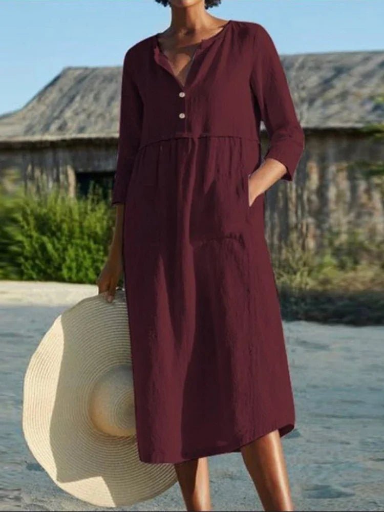 Solid Cotton Linen Half Sleeve Women's Boho Dress