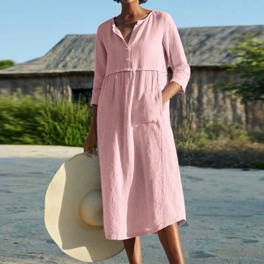 Solid Cotton Linen Half Sleeve Women's Boho Dress