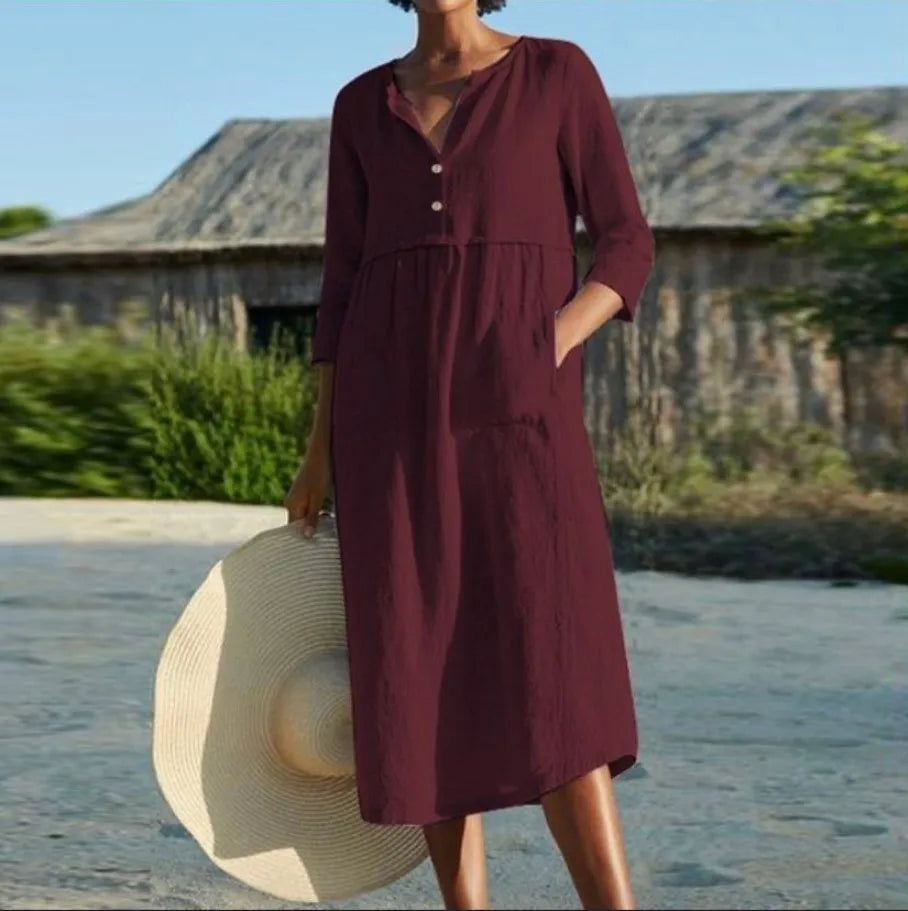 Solid Cotton Linen Half Sleeve Women's Boho Dress