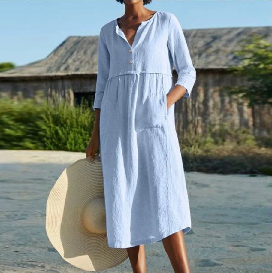 Solid Cotton Linen Half Sleeve Women's Boho Dress