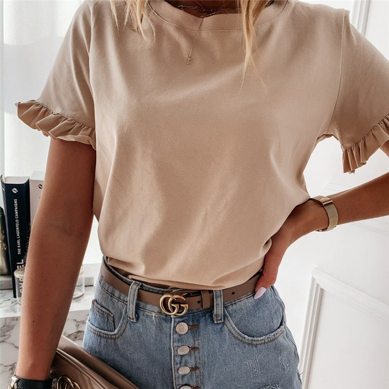 Casual Plain Ruffles Tee