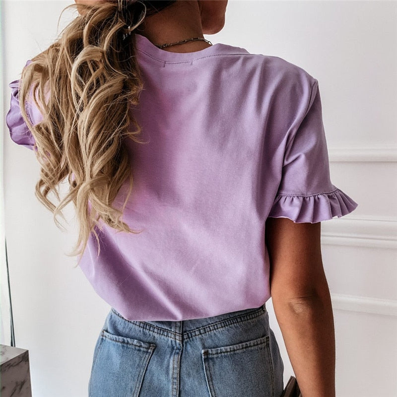 Casual Plain Ruffles Tee