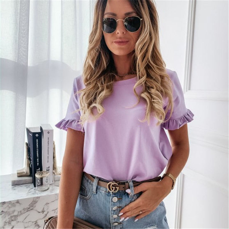 Casual Plain Ruffles Tee