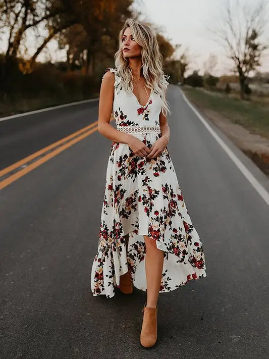 Asymmetrical Black and White Floral Maxi Boho Dress