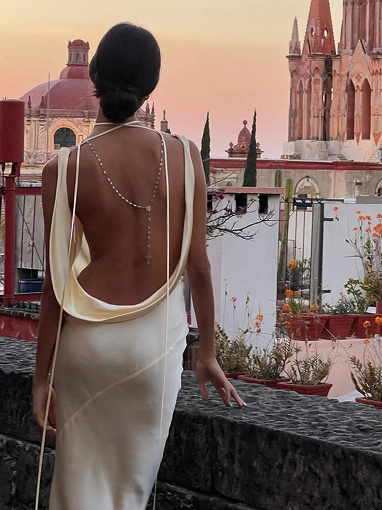 Sunny Evening Spaghetti Strap Backless Satin Maxi Dress