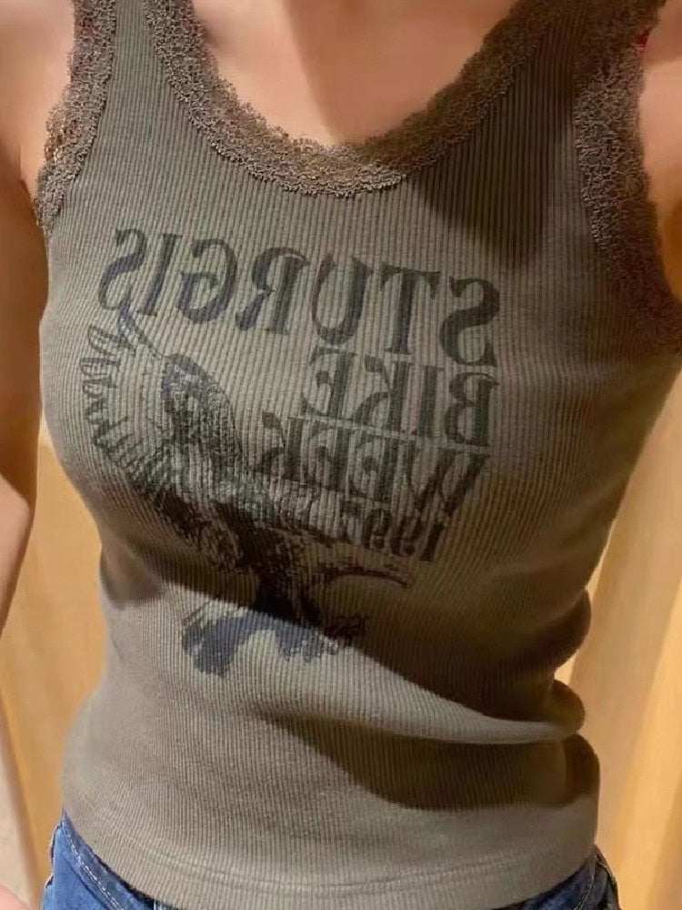 O Neck Sleeveless Tops Vintage Dark Green Lace Print Vest