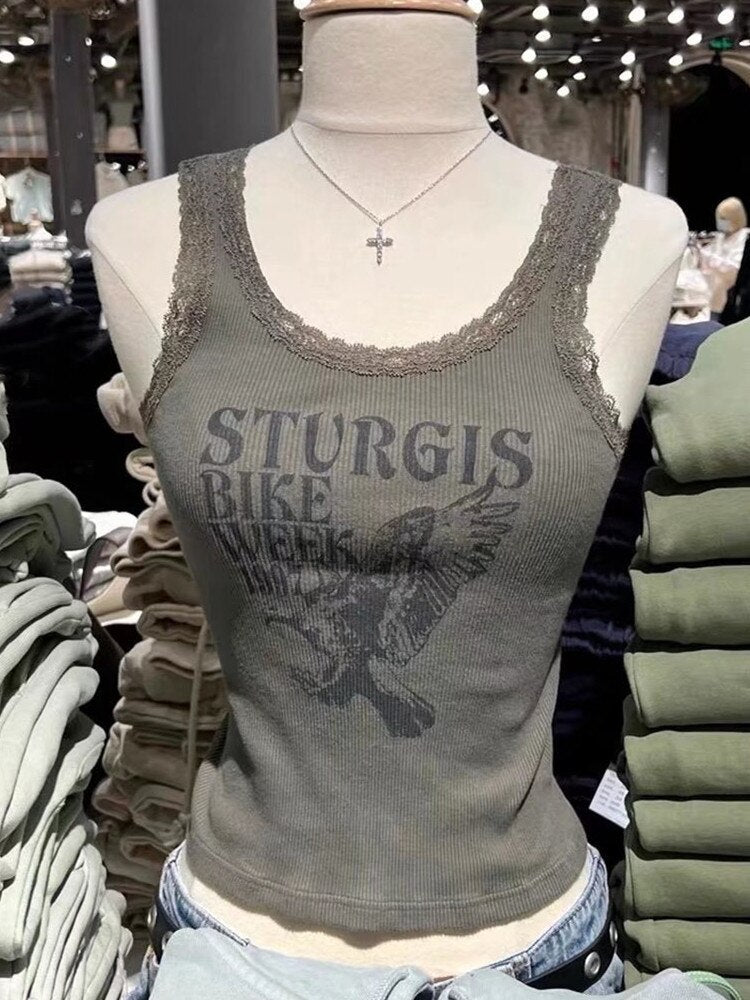 O Neck Sleeveless Tops Vintage Dark Green Lace Print Vest