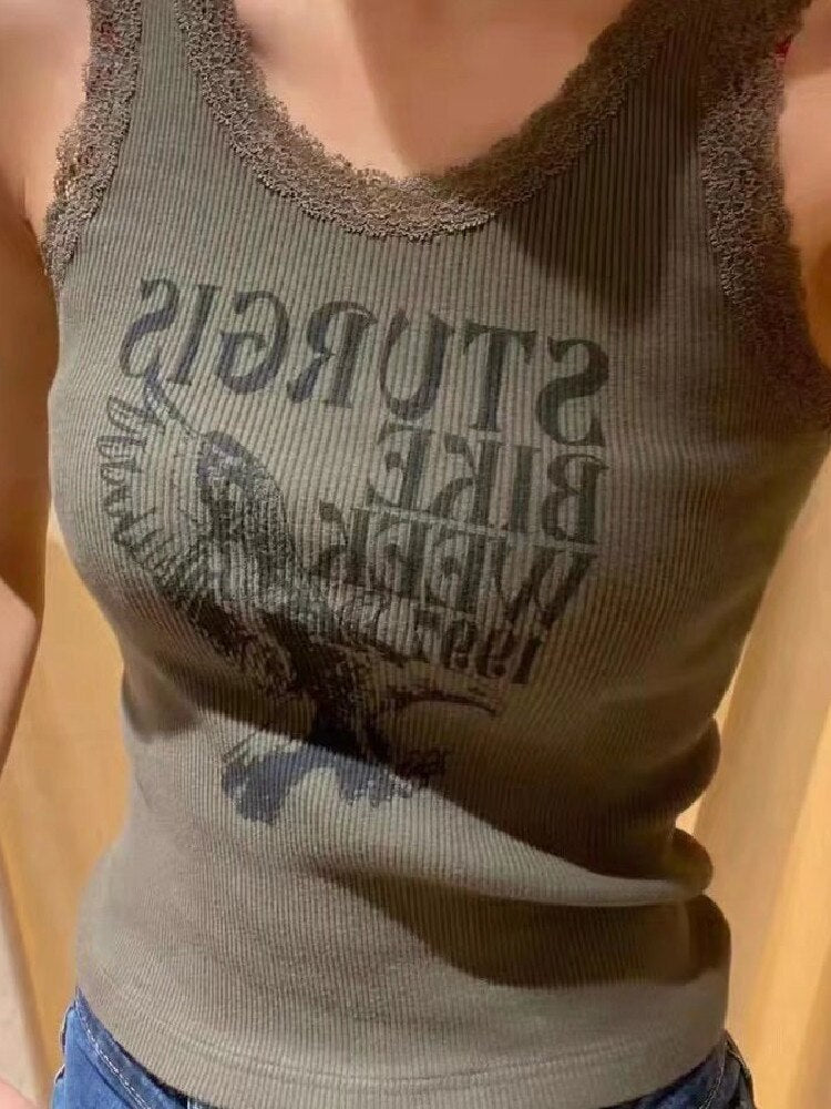 O Neck Sleeveless Tops Vintage Dark Green Lace Print Vest