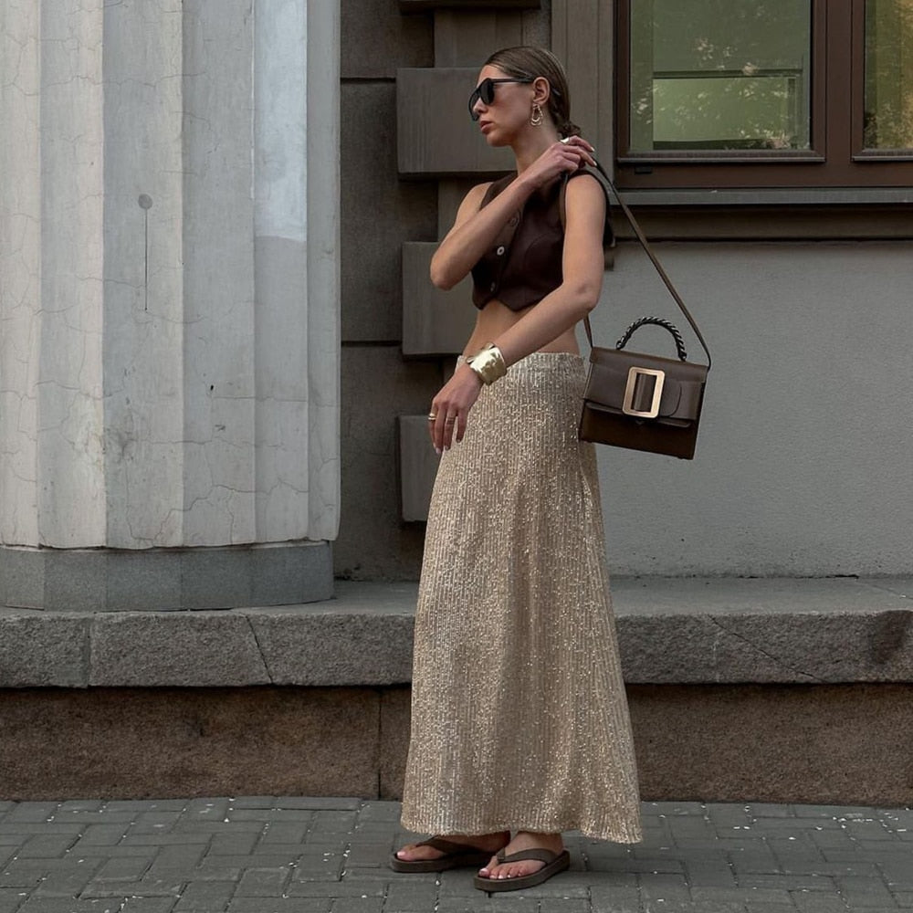 Syren Glitter Metallic Sequin Maxi Skirts