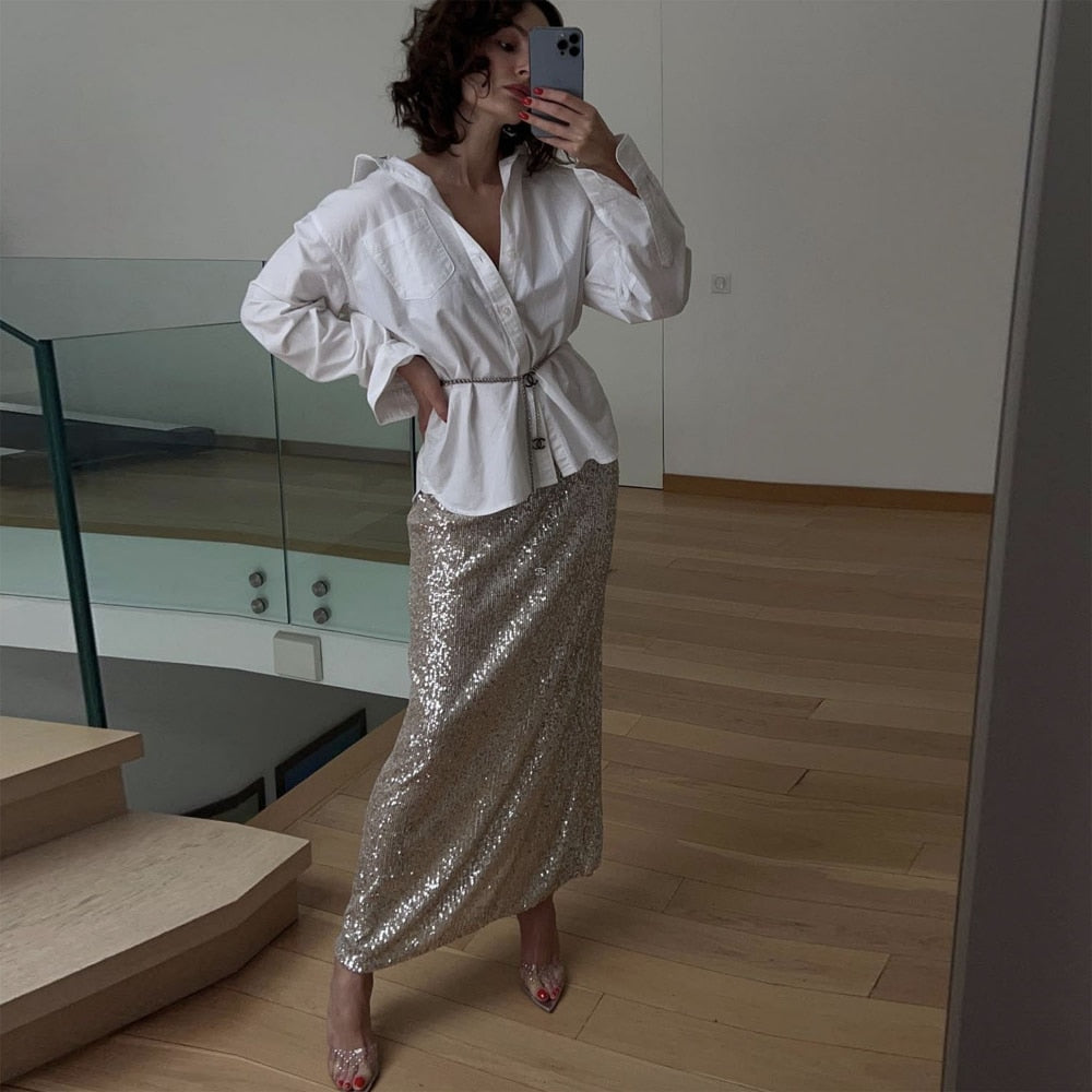 Syren Glitter Metallic Sequin Maxi Skirts