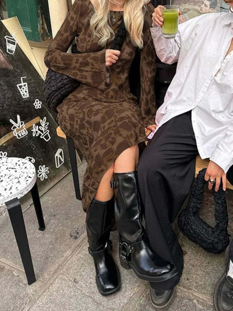 New Street Slim Retro Print High Waist Femme Bodycon Maxi Dress