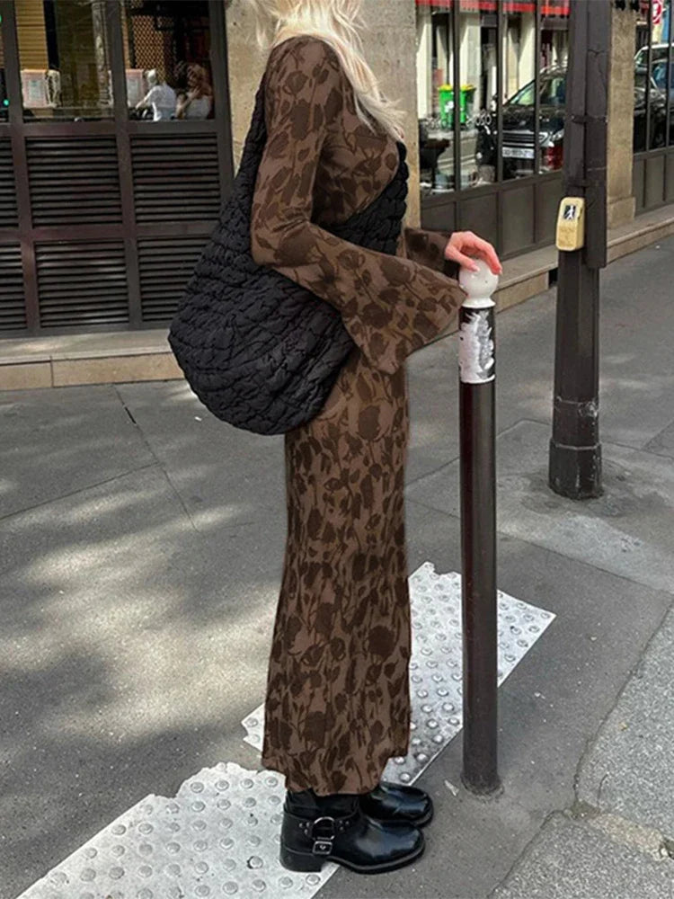 New Street Slim Retro Print High Waist Femme Bodycon Maxi Dress