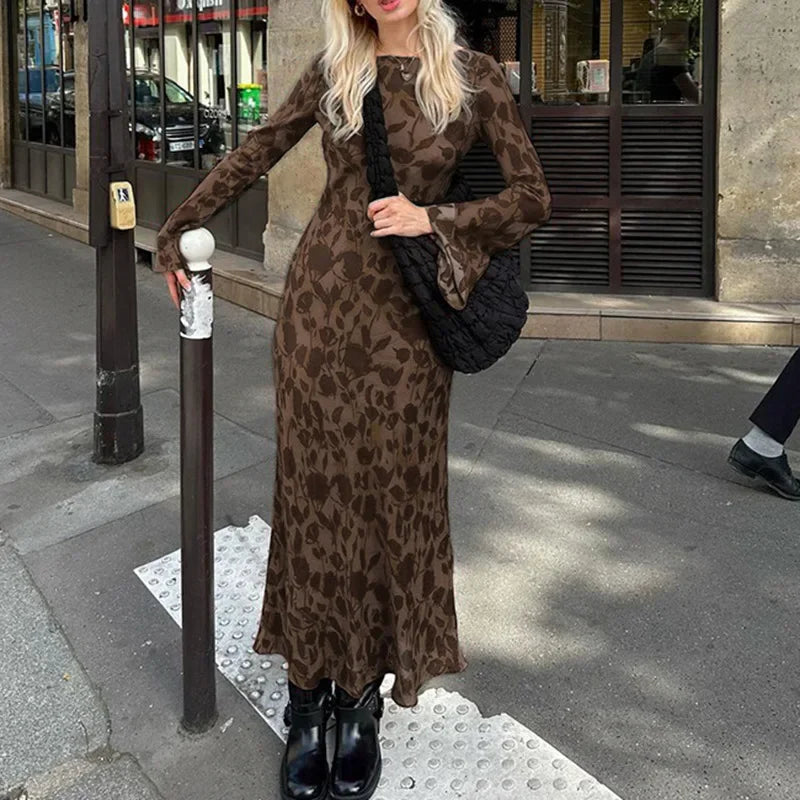 New Street Slim Retro Print High Waist Femme Bodycon Maxi Dress