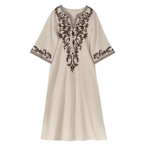 Vintage V Neck Boho Cotton Linen Floral Embroidery Long Boho Dress