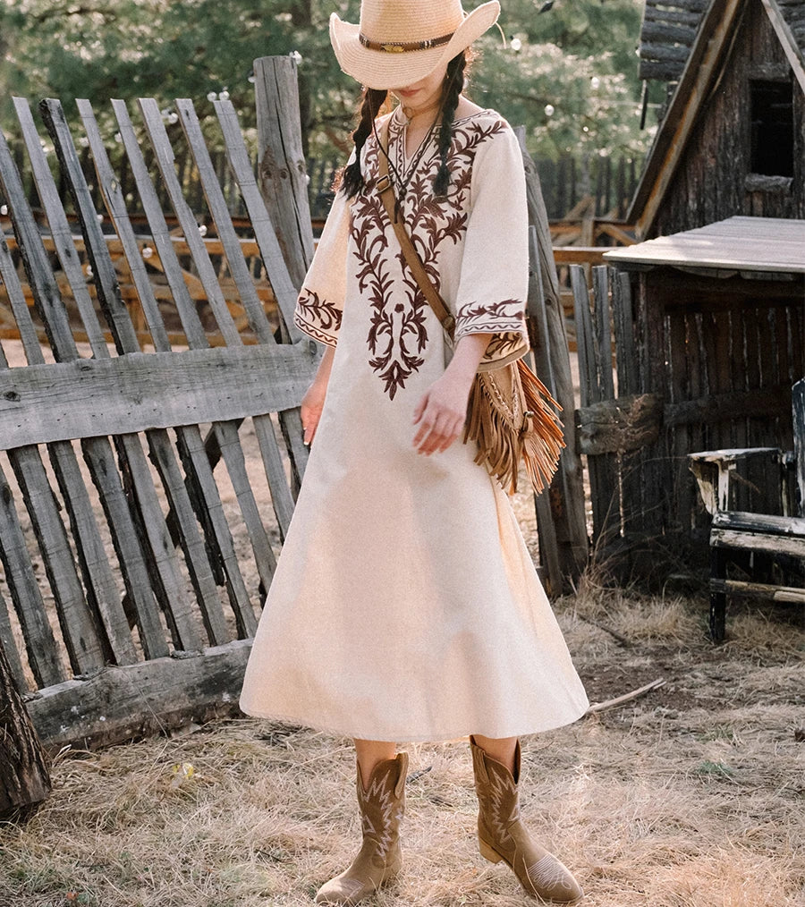 Vintage V Neck Boho Cotton Linen Floral Embroidery Long Boho Dress