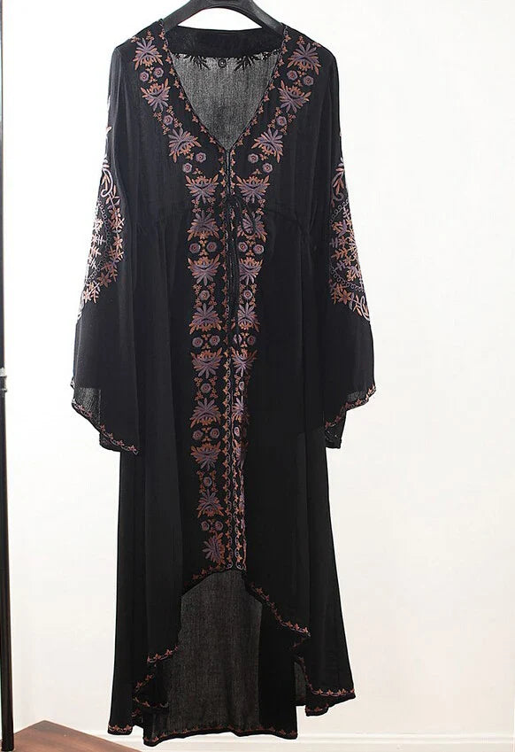 Floral Embroidered Cotton Long Boho Dress for Women