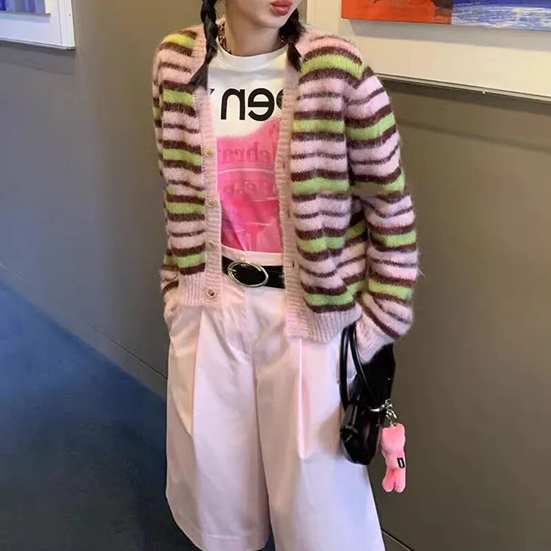 Taika Fuzzy Striped Mohair Knitted Cardigans