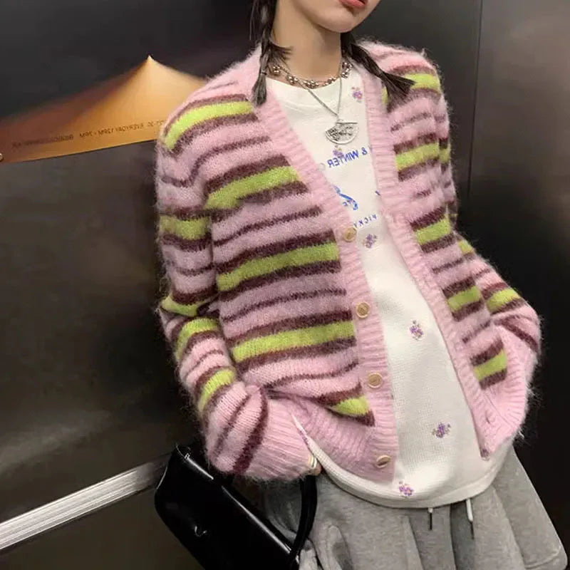 Taika Fuzzy Striped Mohair Knitted Cardigans