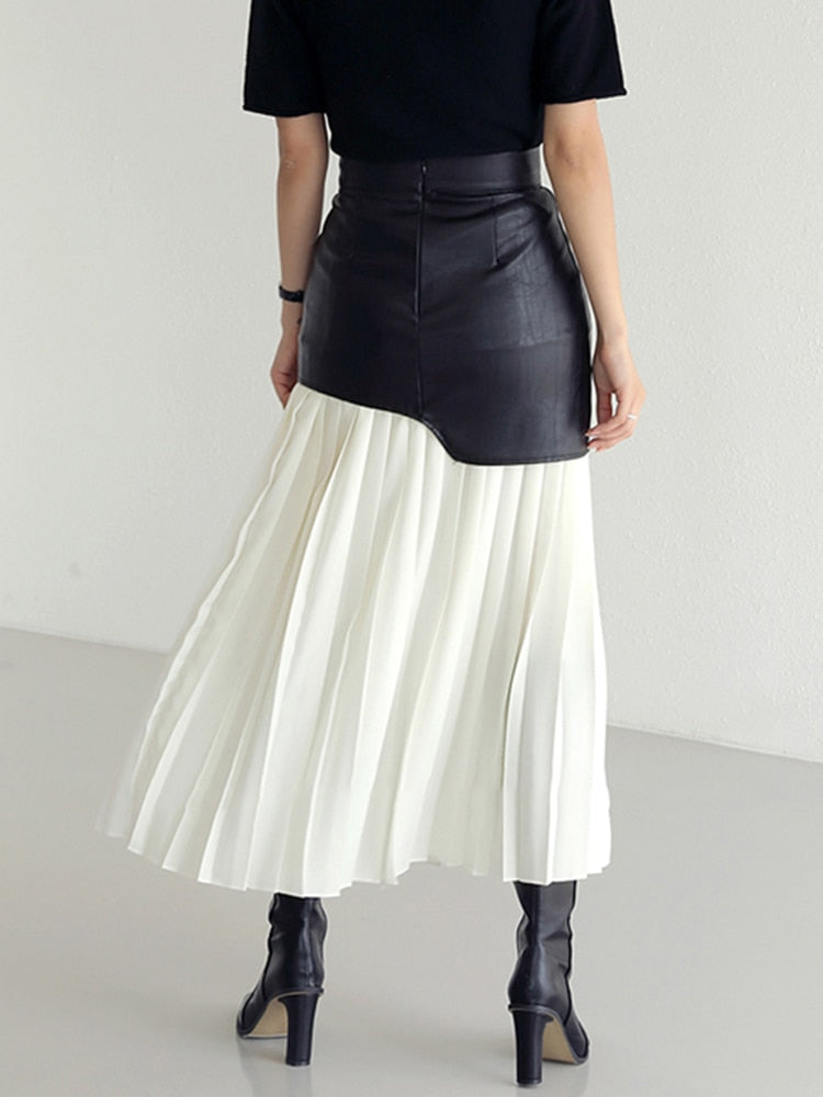 Tami Pleated Skirt with Faux Leather Patchwork - 2 Colors