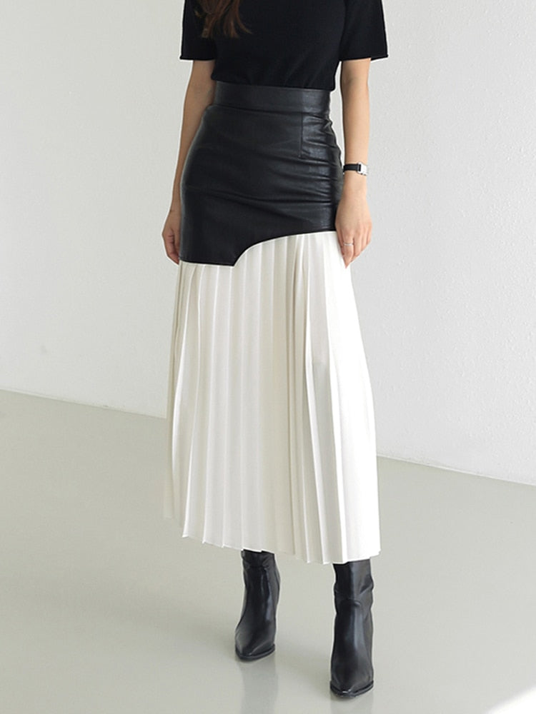 Tami Pleated Skirt with Faux Leather Patchwork - 2 Colors
