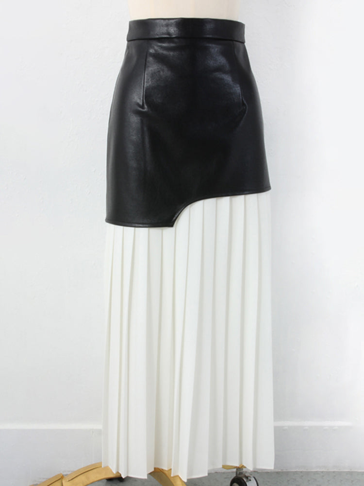 Tami Pleated Skirt with Faux Leather Patchwork - 2 Colors
