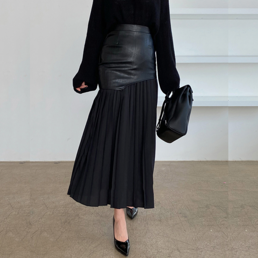 Tami Pleated Skirt with Faux Leather Patchwork - 2 Colors