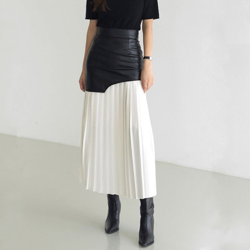 Tami Pleated Skirt with Faux Leather Patchwork - 2 Colors