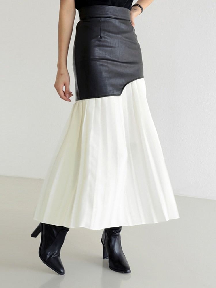 Tami Pleated Skirt with Faux Leather Patchwork - 2 Colors