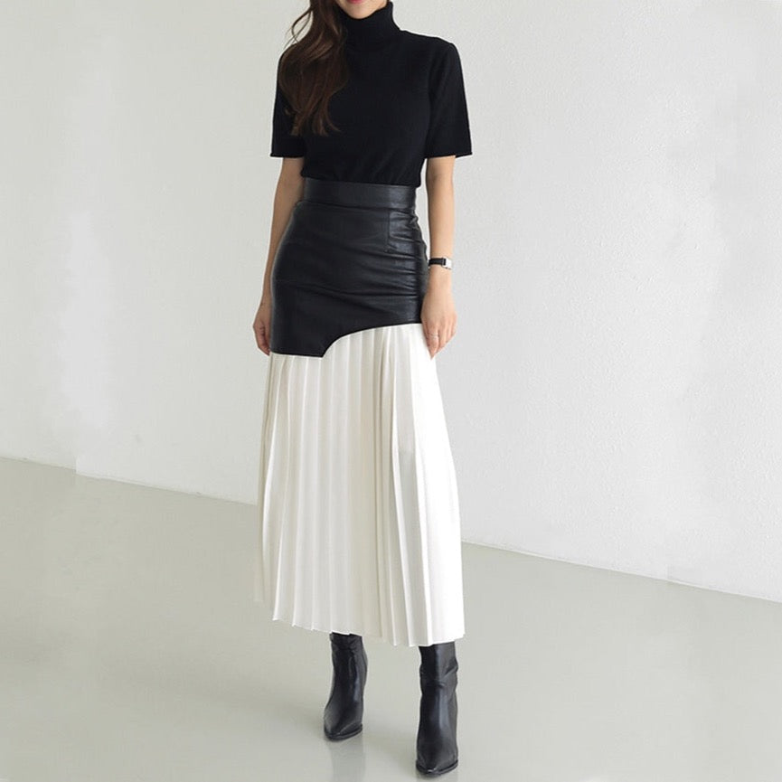 Tami Pleated Skirt with Faux Leather Patchwork - 2 Colors