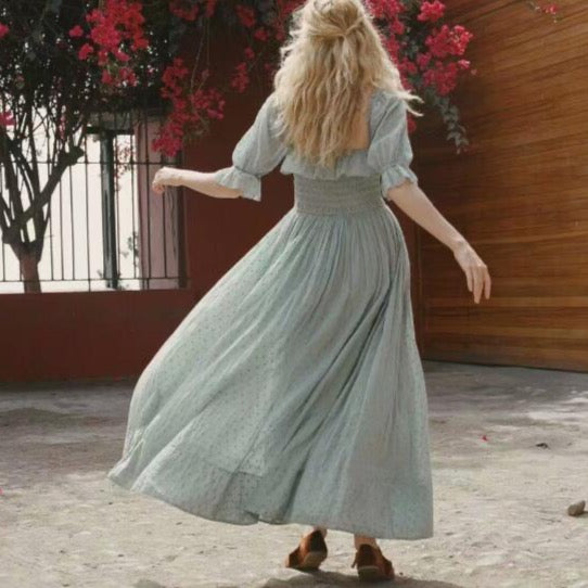 Tess Vintage Square Neck Boucle Dot Maxi Dress