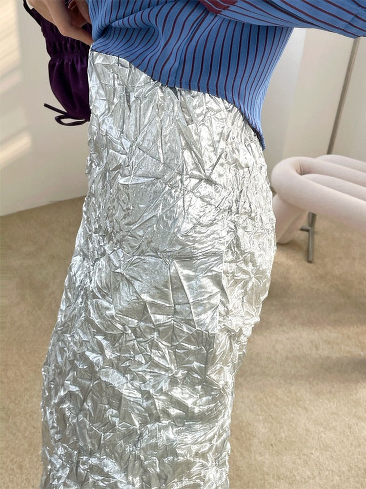 Thelma Crinkle Silver Metallic Skirt