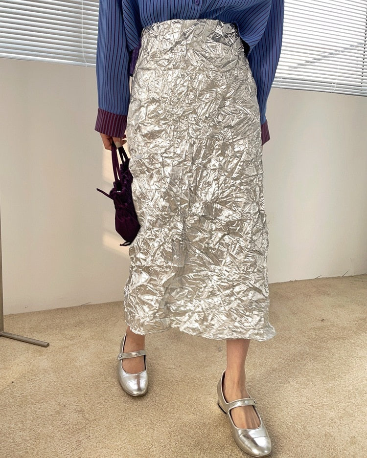 Thelma Crinkle Silver Metallic Skirt