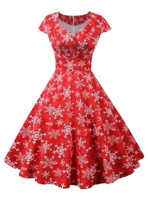 Snowflake Printed Red V-Neck Wrap High Waist Vintage Robe Christmas Dress