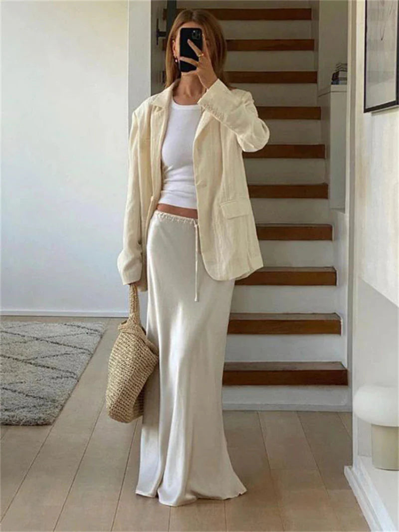 Tossa Draw String Waist Maxi Satin Skirts - 7 Colors