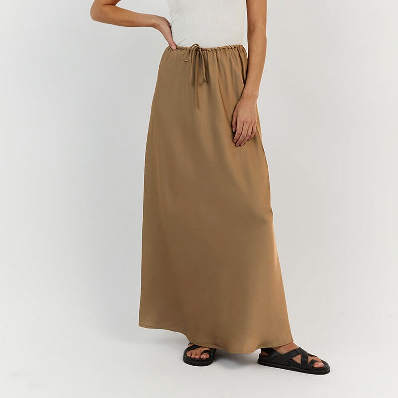 Tossa Draw String Waist Maxi Satin Skirts - 7 Colors
