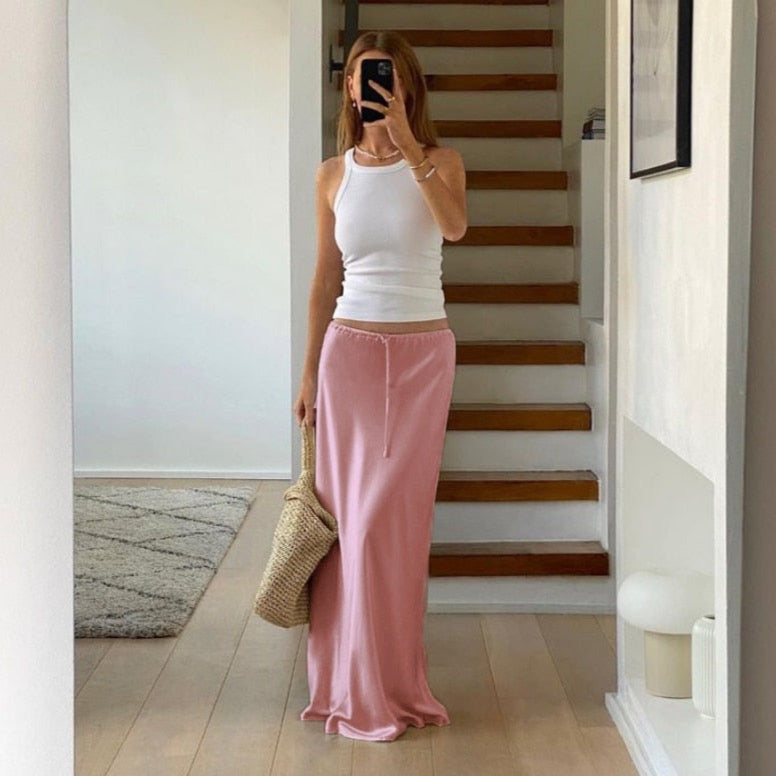 Tossa Draw String Waist Maxi Satin Skirts - 7 Colors